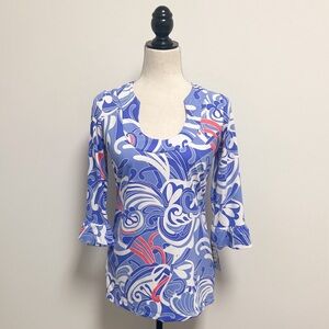 Katherine Way White Pink Blue Periwinkle 3/4 Circular Flounce Sleeve U Neck Top